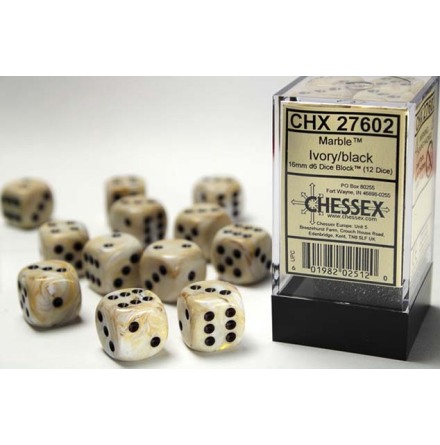 Marble 16mm d6 Ivory/black Dice Block&trade; (12 dice)