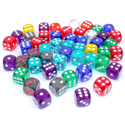 Bag of 50™ Assorted Loose Translucent 16mm w/pips d6 Dice